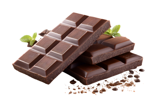 Delicious dark chocolate bars stacked with fresh mint leaves and cacao nibs