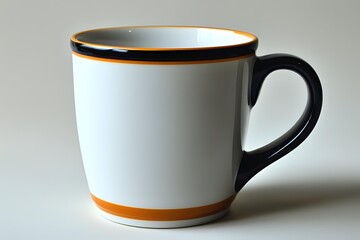 White ceramic coffee mug with black handle and orange stripe trim on neutral background. Clean minimalist design suitable for mockup and product photography.