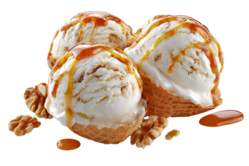 Delicious scoops of vanilla ice cream drizzled with caramel sauce and surrounded by walnuts