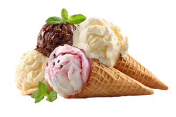 Assortment of delicious ice cream scoops in waffle cones with fresh mint leaves