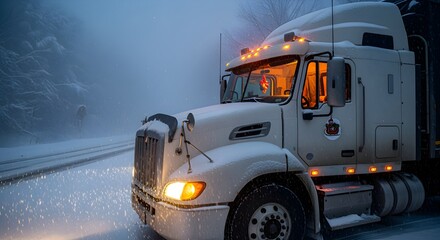 Commercial semi-truck braves a severe winter storm on a snow-covered road, its bright lights illuminating the challenging, foggy path ahead