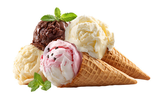 Assortment of delicious ice cream scoops in waffle cones with fresh mint leaves