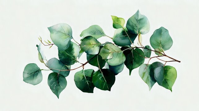 Watercolor eucalyptus branch with round green leaves on white background, isolated botanical illustration for wedding invitations and decor.