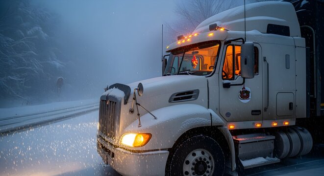 Commercial semi-truck braves a severe winter storm on a snow-covered road, its bright lights illuminating the challenging, foggy path ahead