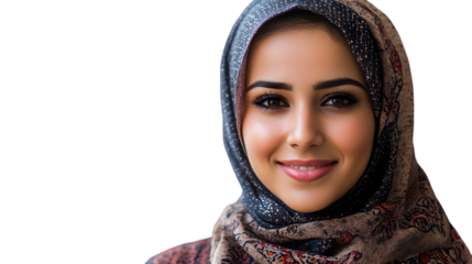 Portrait of a beautiful muslim woman with a hijab smiling gently looking at the camera in a studio setting with soft lighting and a neutral background