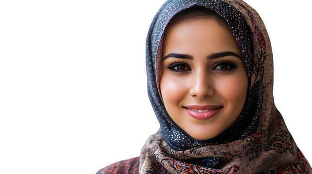 Portrait of a beautiful muslim woman with a hijab smiling gently looking at the camera in a studio setting with soft lighting and a neutral background