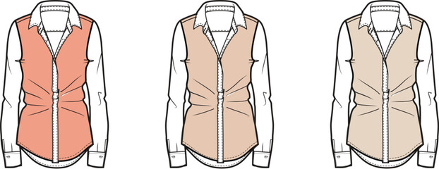 Women's waistcoat vest over a classic button-up collared shirt, fashion technical flat illustration in three colorways