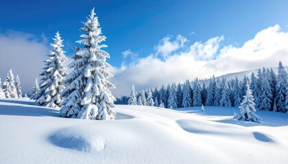 Serene Winter Landscape with Snow Covered Pine Trees Under a Bright Blue Sky on a Sunny Day