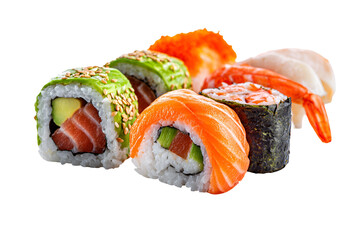 Assortment of delicious sushi rolls with fresh salmon avocado and shrimp on black background