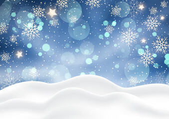 Decorative Christmas background with snow and bokeh lights design