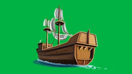 A classic wooden pirate ship sails proudly on green screen chromakey background in 3d animated cartoon animation, ideal for adventure, history, or nautical treasure hunt themes.