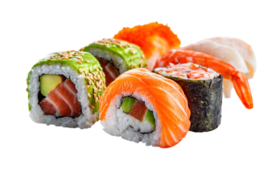 Assortment of delicious sushi rolls with fresh salmon avocado and shrimp on black background
