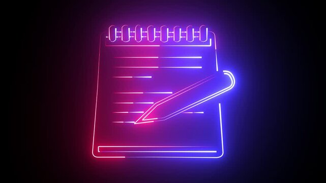 Glowing blue and red neon checklist icon with pencil and checkmark on transparent black background futuristic