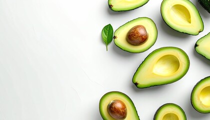 Freshly Sliced Avocados Scattered On A White Background With One Green Leaf Visible And Natural Lighting Illuminating The Texture And Color Of The Fruit