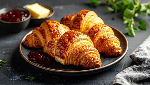 Golden brown croissants with berry jam and butter served on a dark plate in a rustic setting with fresh green leaves and dusted powdered sugar