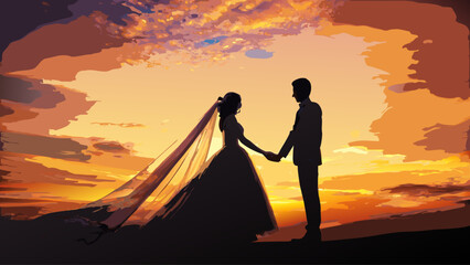 Elegant silhouette of bride and groom holding hands at sunset, vector art conveys romance and commitment with a warm, dreamy vibe perfect for wedding themes