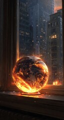 Burning Orb in Urban Cityscape Window.