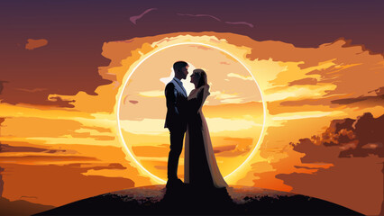 Romantic silhouette of a couple in love against a golden sunset, perfect for wedding invitations, anniversary cards, or heartfelt romantic projects