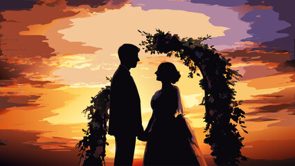 Romantic wedding silhouette at sunset with floral arch, a dreamy vector illustration of love and commitment in a vibrant, golden light backdrop