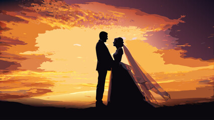 Stunning silhouette of a newlywed couple embracing at sunset, a romantic moment captured against vibrant skies, symbolizing love and commitment for anniversaries