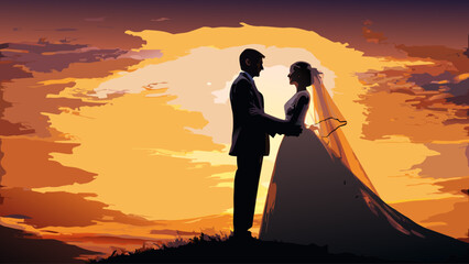 Romantic wedding silhouette at sunset evoking love and commitment, ideal for invitations, announcements, and heartfelt designs, a timeless celebration