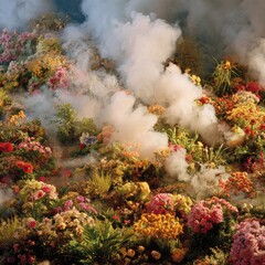 Colorful Floral Explosion in a Smoky Landscape.