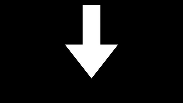 Large simple white arrow points downward against black background. Smooth repeated vertical movement creates dynamic motion graphic effect. For direction indicators and animated graphics.