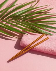 Pink Towel with Chopsticks and Palm Leaf.