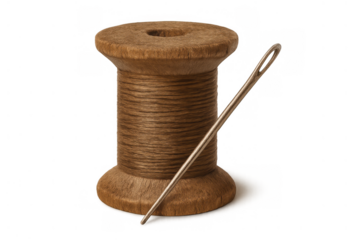 Wooden spool with brown thread and metal sewing needle for crafts and tailoring, transparent background
