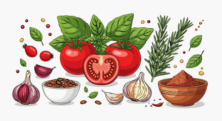 Vibrant hand-drawn illustration of Italian cooking ingredients like fresh tomatoes, basil, garlic, rosemary, and spices. Healthy food concept vector