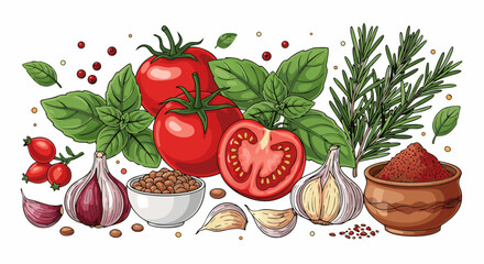 Vibrant culinary ingredients composition for healthy Mediterranean cooking, featuring fresh red tomatoes, aromatic green basil, fragrant garlic cloves, and flavorful spices vector illustration