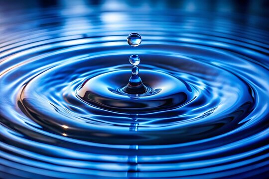 A single water drop creates concentric ripples on a blue surface