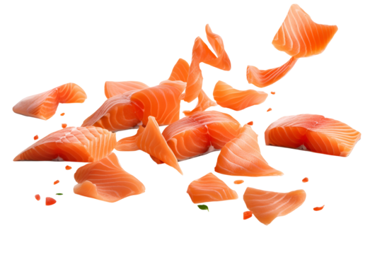 Fresh raw salmon chunks flying and exploding against a black background