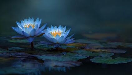 Two luminous blue water lilies in a dark pond.