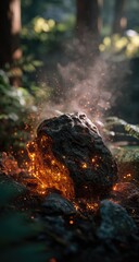 Burning object in forest, fire, smoke, nature, dark, close up.