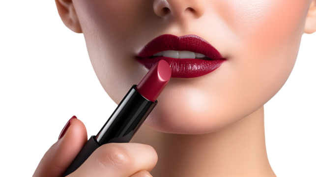 Woman applying dark red lipstick for a glamorous makeup look perfect for beauty advertising and cosmetic product promotion with a focus on lip enhancement