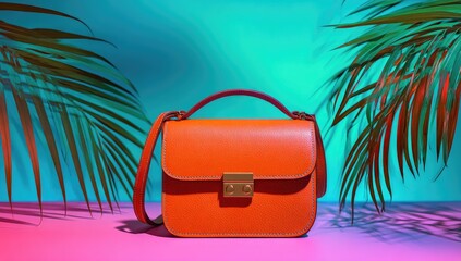 Orange Leather Handbag Against Tropical Palm Leaves.