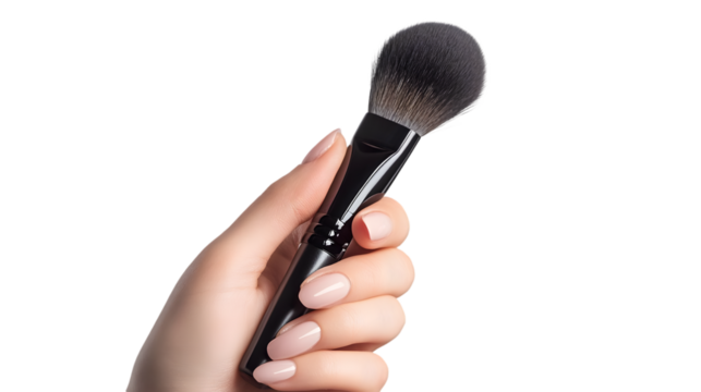 Female hand holding a professional makeup brush isolated on transparent background for applying powder