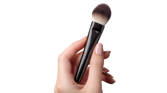 Female hand holding a professional makeup brush isolated on transparent background for applying powder