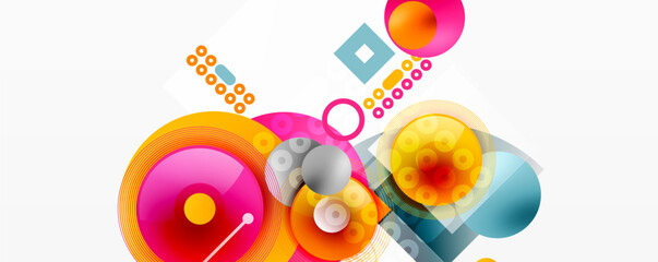 Abstract colorful shapes overlap, creating dynamic visual composition. Circles, squares, lines form modern design elements. Bright hues dominate.