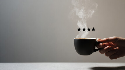 Hand holding a hot coffee cup with steam and star symbols above. The image suggests a great beverage experience