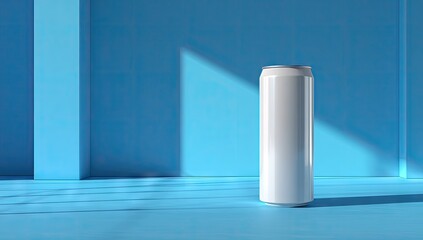 Blank White Aluminum Beverage Can on Blue Surface.