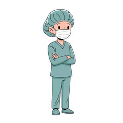 Cartoon medical professional in green scrubs surgical cap and face mask with arms crossed.