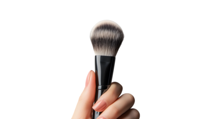 Female hand holding a professional makeup brush isolated on transparent background for applying powder