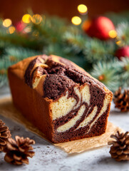 Festive marble cake loaf with rich chocolate and vanilla swirls surrounded by pine cones and blurred holiday lights decorated with evergreen branches