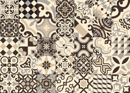Antique hydraulic tiles patchwork wallpaper vintage vector seamless pattern for floor and wall tiling