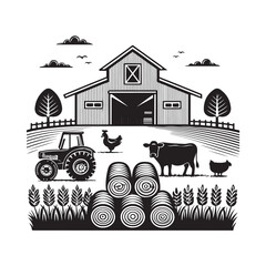 Farm Animals and Barn with Tractor and Hay Bales black color . white color background (2).eps