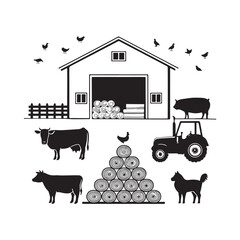 Farm Animals and Barn with Tractor and Hay Bales black color . white color background (3).eps