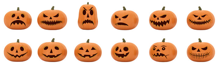 Collection of halloween pumpkins with carved scary and happy faces
