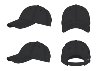 Dark grey baseball cap shown from multiple angles, flat design illustration